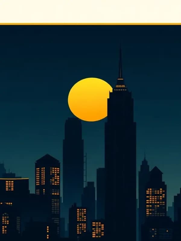 Póster art déco de una ciudad al anochecer
