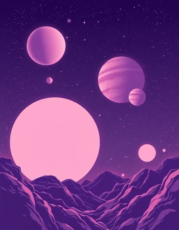 Póster cósmico de planetas en tonos morados