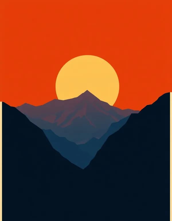 Póster minimalista de montañas al atardecer